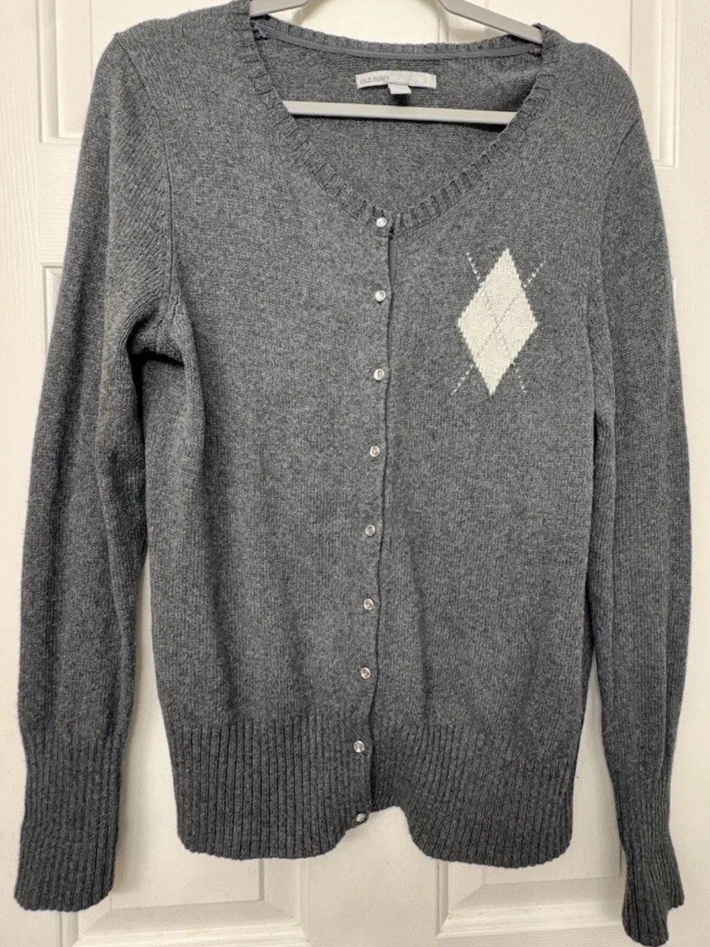 Old Navy Gray White Argyle Button Front Round Neck Knit Cardigan Sweater L